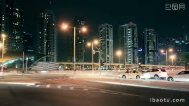 迪拜码头的夜晚街道延时高清视频